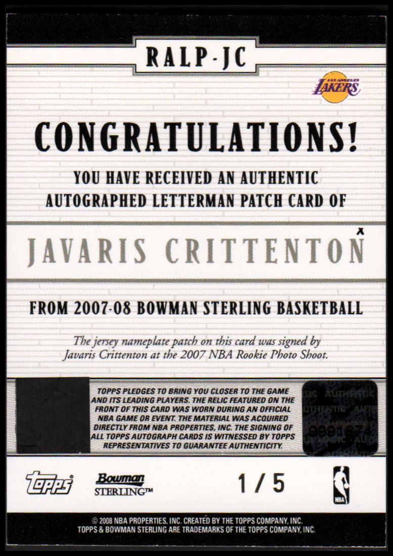 2007-08 Bowman Sterling Rookie Autographed Letterman Patches #RALPJC Javaris Crittenton back image