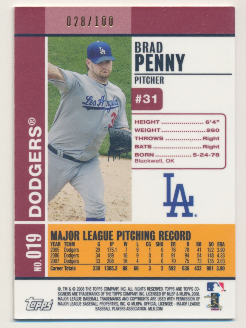 2008 Topps Co-Signers Hyper Plaid Red #19b Brad Penny/Russell Martin back image