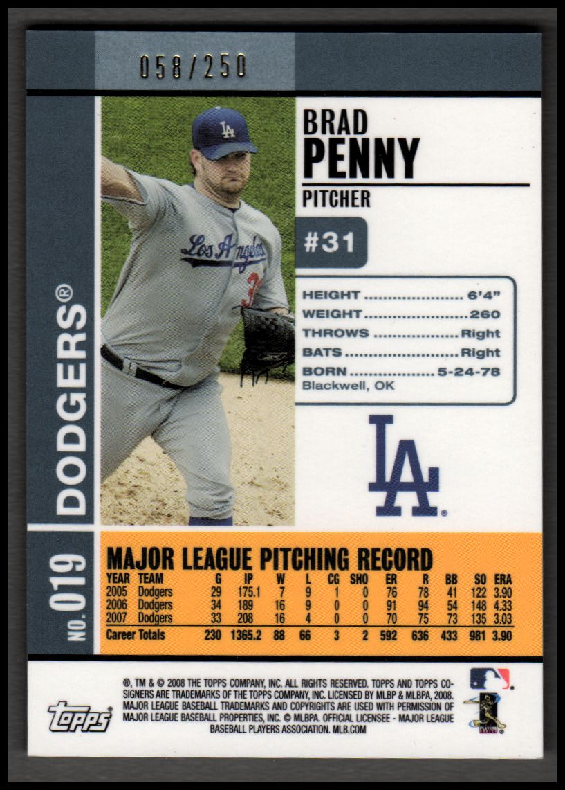 2008 Topps Co-Signers Silver Blue #19a Brad Penny back image