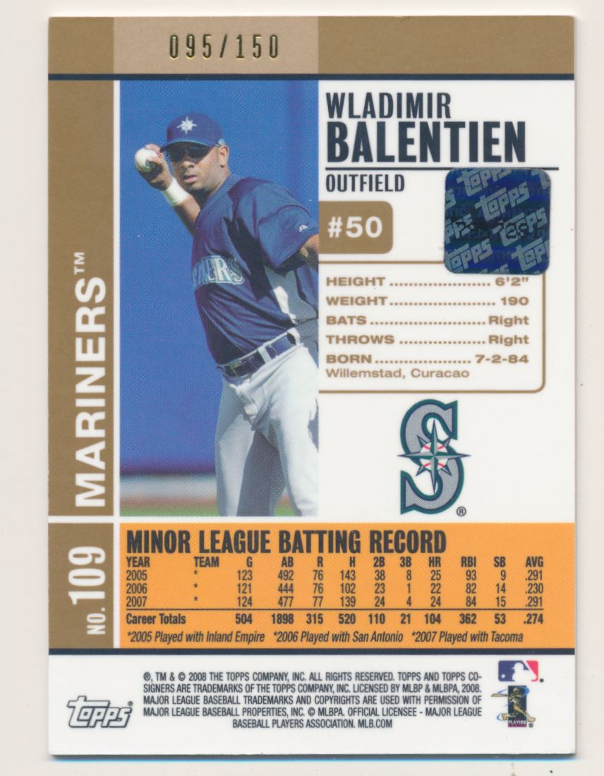2008 Topps Co-Signers Silver Gold #109 Wladimir Balentien AU back image