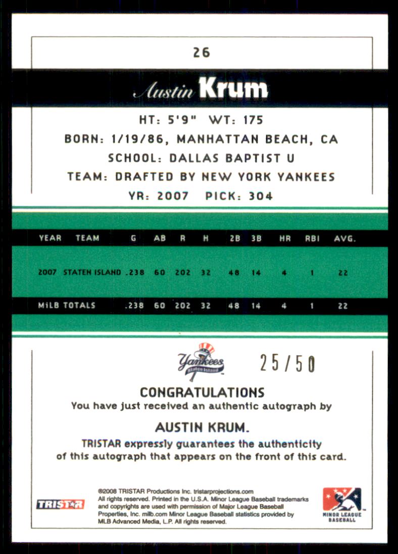 2008 TRISTAR PROjections Autographs Green #26 Austin Krum back image