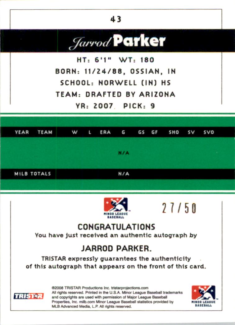 2008 TRISTAR PROjections Autographs Green #43 Jarrod Parker back image