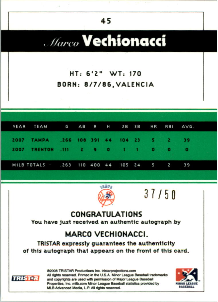 2008 TRISTAR PROjections Autographs Green #45 Marco Vechionacci back image