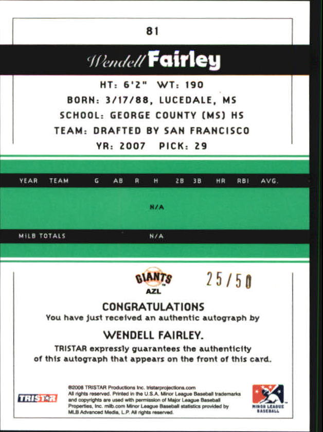 2008 TRISTAR PROjections Autographs Green #81 Wendell Fairley back image