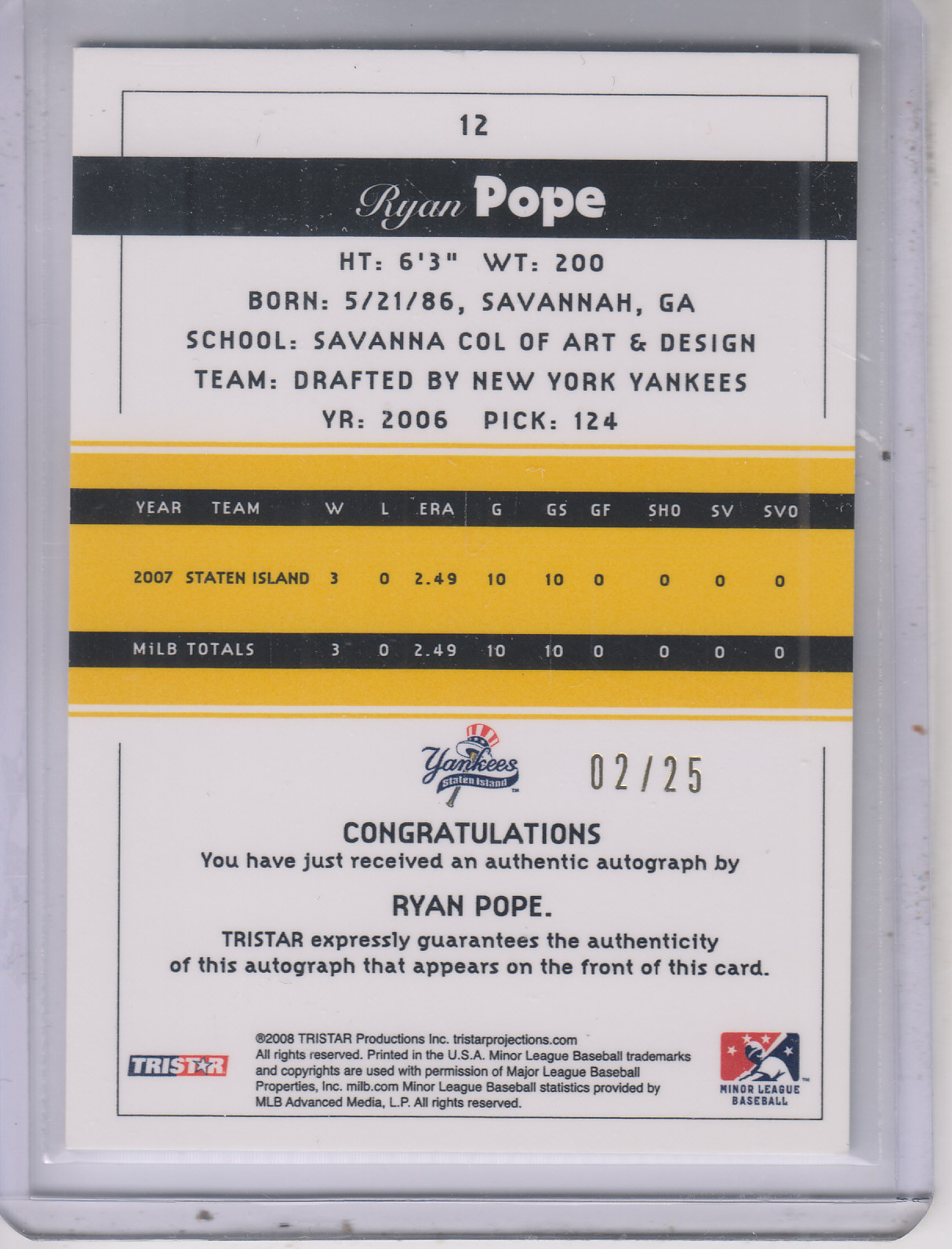 2008 TRISTAR PROjections Autographs Yellow #12 Ryan Pope back image