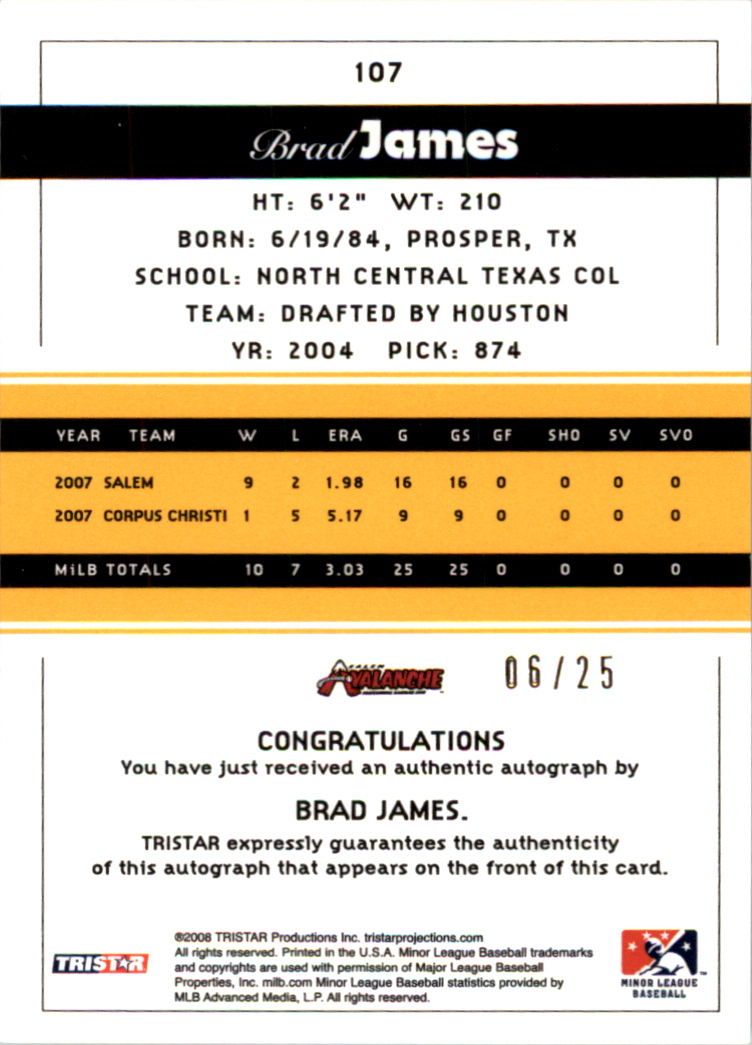 2008 TRISTAR PROjections Autographs Yellow #107 Brad James back image