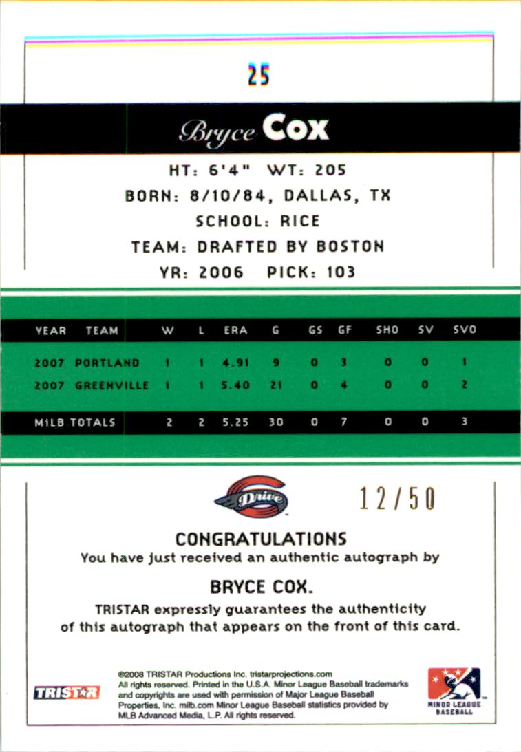 2008 TRISTAR PROjections Autographs Reflectives Green #25 Bryce Cox back image