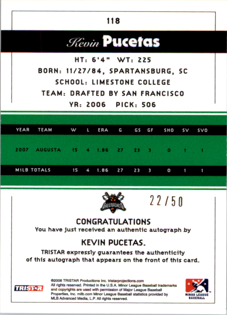 2008 TRISTAR PROjections Autographs Reflectives Green #118 Kevin Pucetas back image