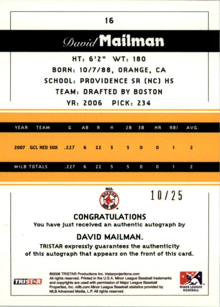 2008 TRISTAR PROjections Autographs Reflectives Yellow #16 David Mailman back image