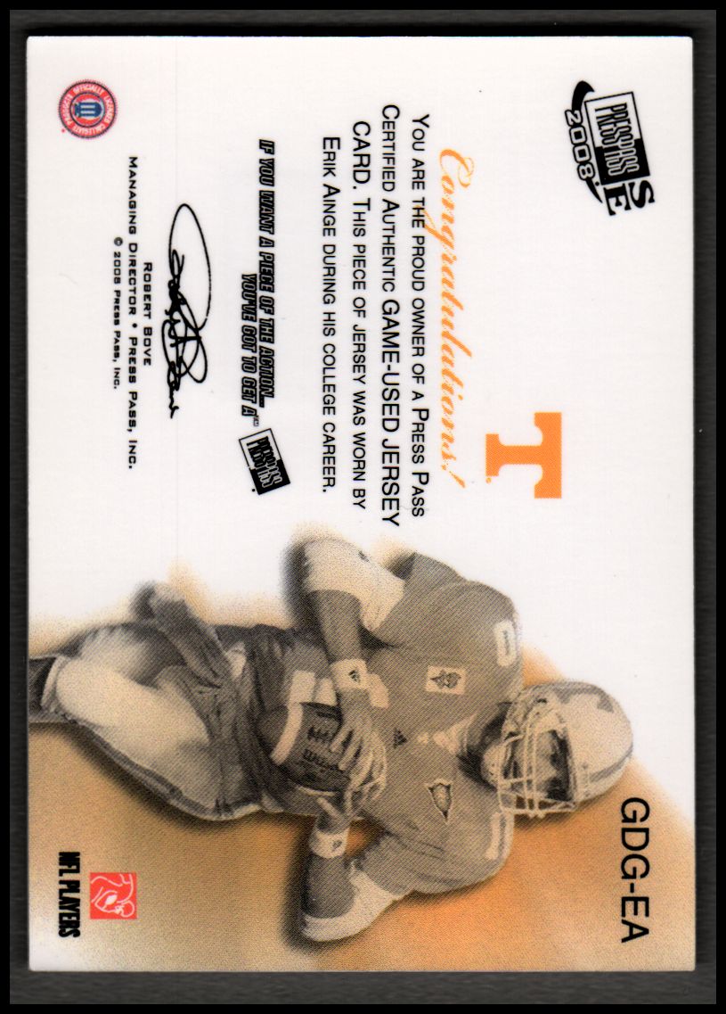 2008 Press Pass SE Game Day Gear Jerseys Silver #GDGEA Erik Ainge back image