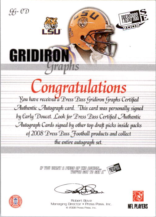 2008 Press Pass SE Gridiron Graphs Gold #GGED Early Doucet back image