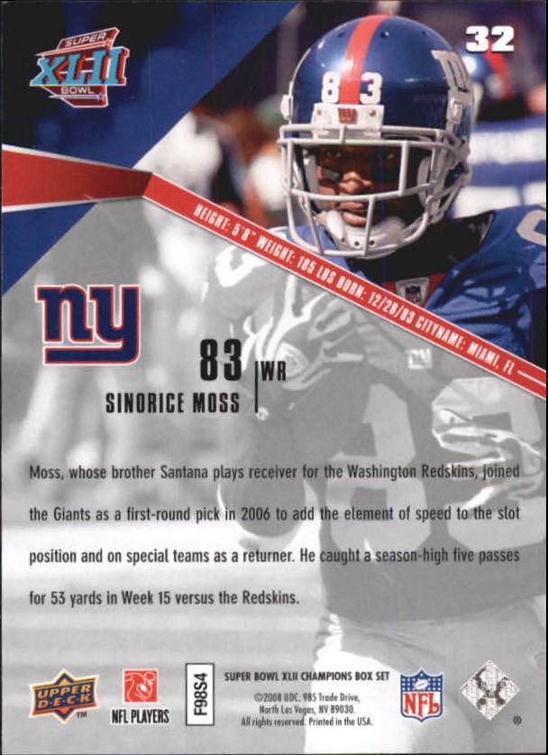 2008 Giants Upper Deck Super Bowl XLII #32 Sinorice Moss back image