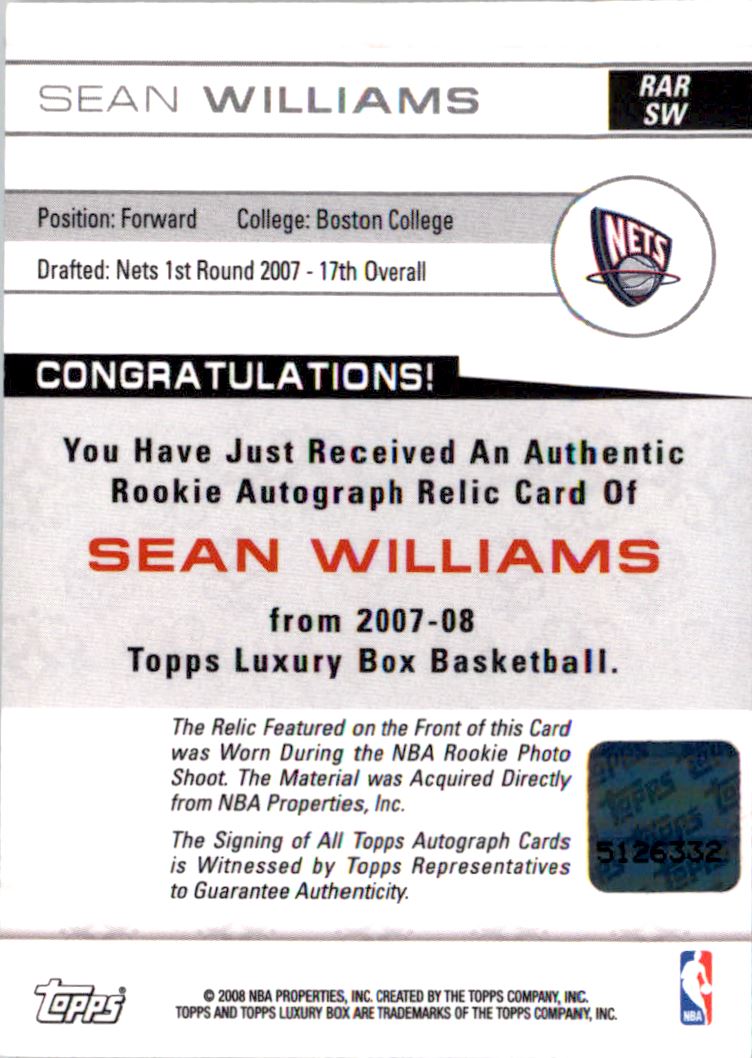 2007-08 Topps Luxury Box Rookie Relics Autographs Gold #SW Sean Williams back image