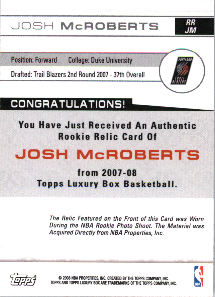 2007-08 Topps Luxury Box Rookie Relics #JM Josh McRoberts back image