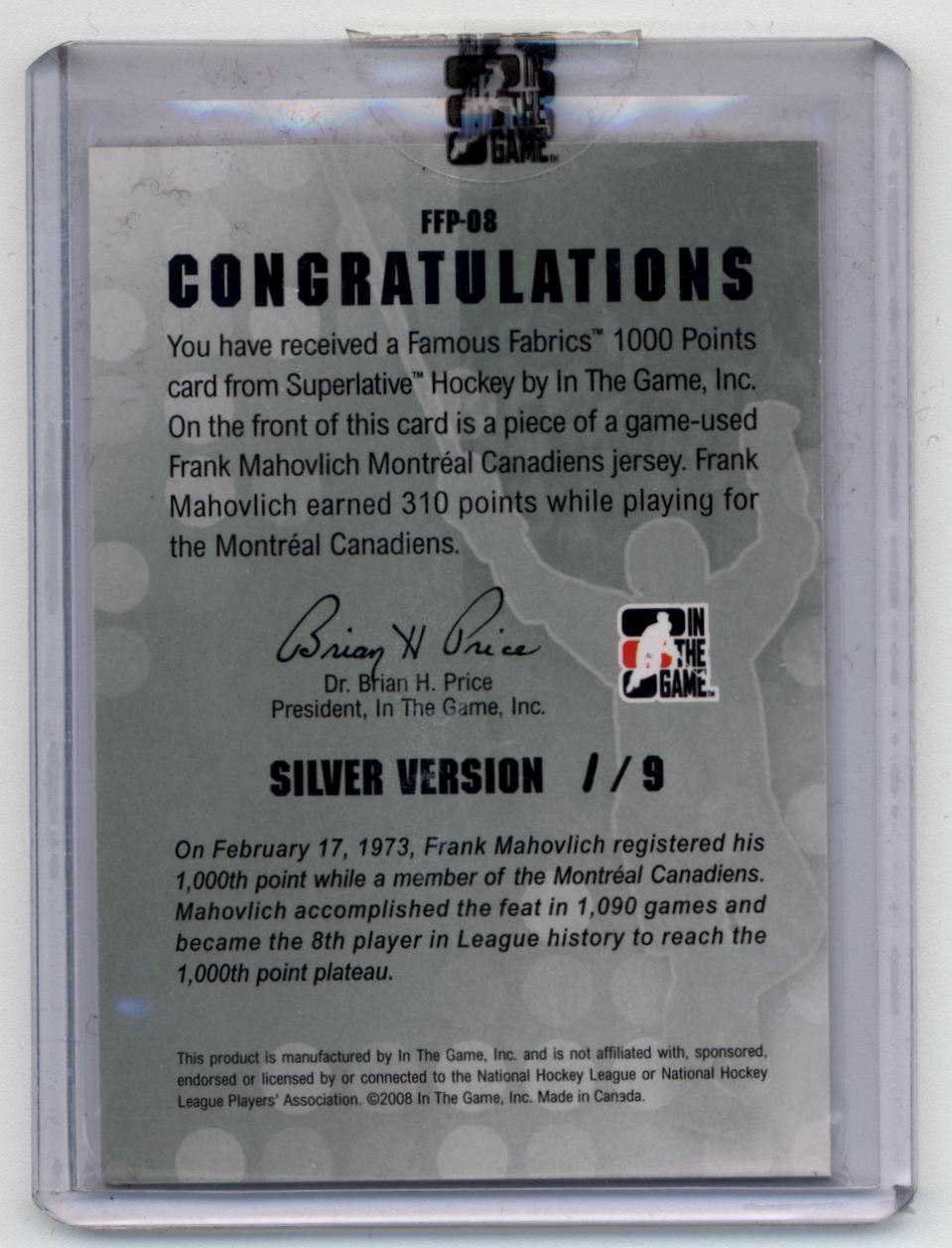 2007-08 ITG Superlative Famous Fabrics 1000 Points Silver #FFP08 Frank Mahovlich back image