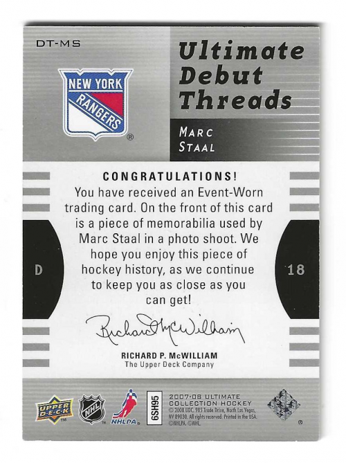 2007-08 Ultimate Collection Ultimate Debut Threads Jerseys #DTMS Marc Staal back image