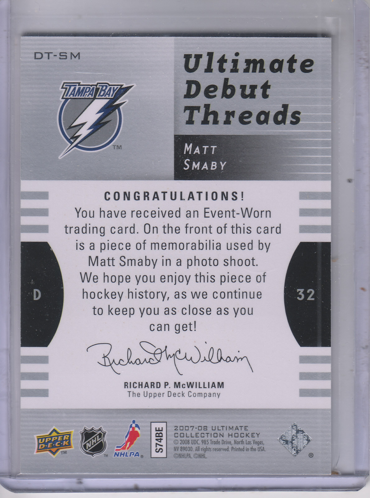 2007-08 Ultimate Collection Ultimate Debut Threads Jerseys #DTSM Matt Smaby back image
