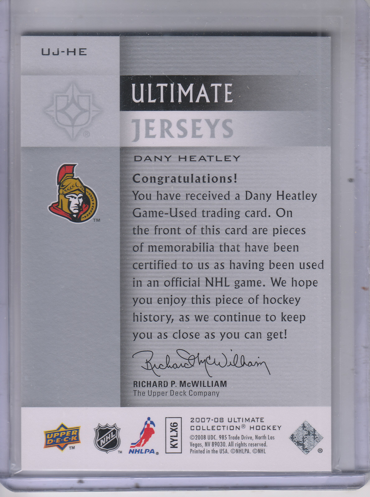 2007-08 Ultimate Collection Jerseys #UJHE Dany Heatley back image