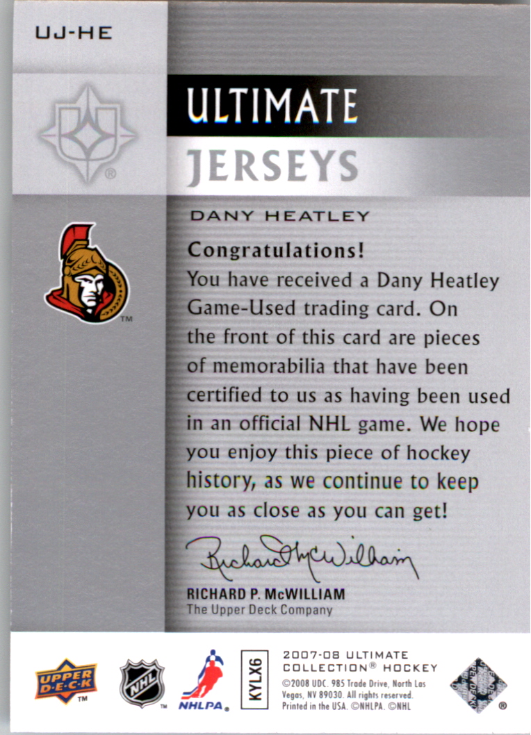 2007-08 Ultimate Collection Jerseys #UJHE Dany Heatley back image