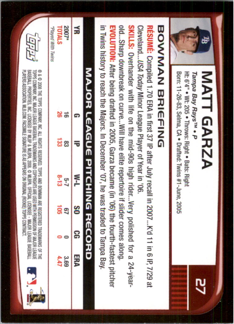 2008 Bowman #27 Matt Garza back image