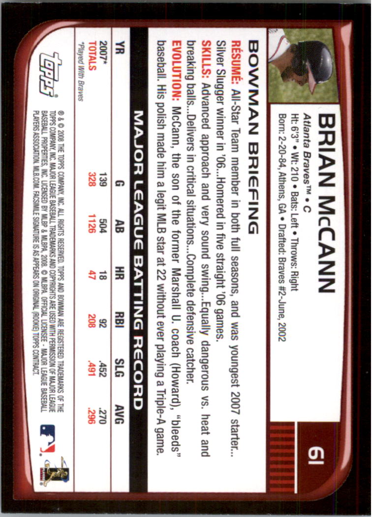2008 Bowman #61 Brian McCann back image