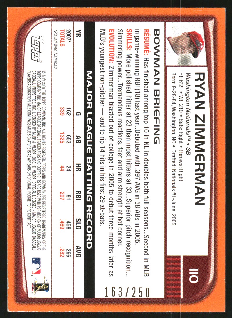 2008 Bowman Orange #110 Ryan Zimmerman back image