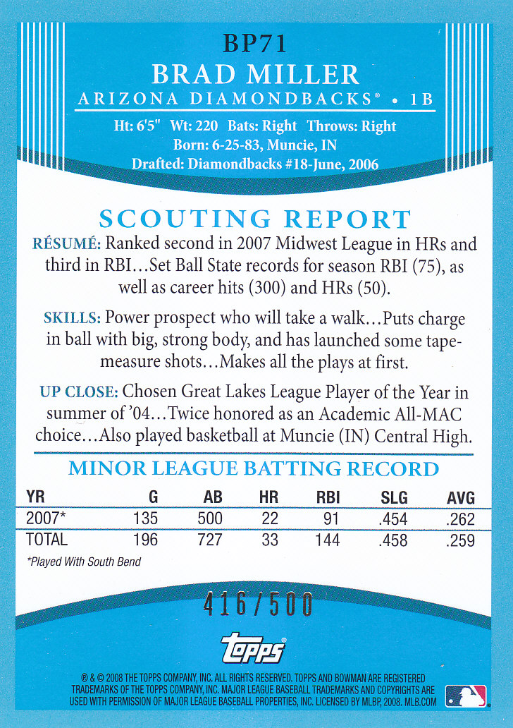 2008 Bowman Baseball "Prospects Blue" Parallel Insert Cards - Picture 21 of 31