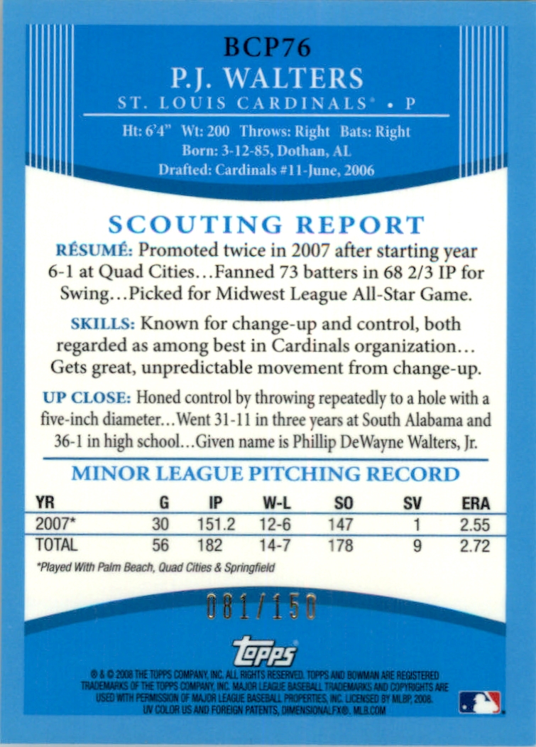 2008 Bowman Chrome Prospects Blue Refractors #BCP76 P.J. Walters