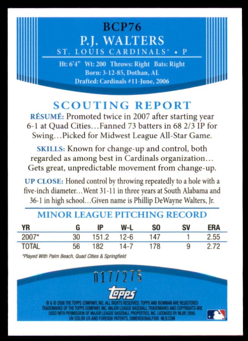 2008 Bowman Chrome Prospects X-Fractors #BCP76 P.J. Walters