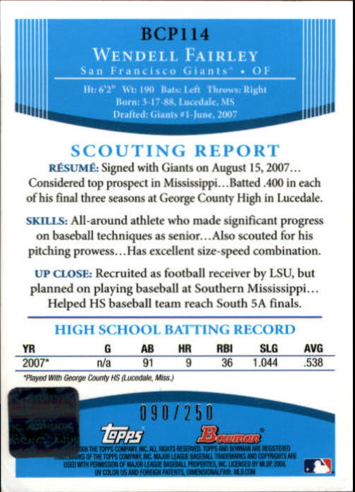 2008 Bowman Chrome Prospects X-Fractors #BCP114 Wendell Fairley AU