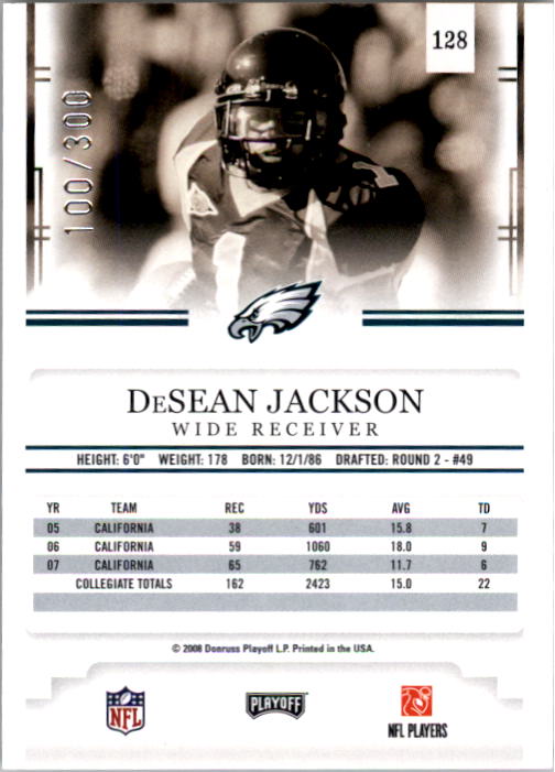 2008 Playoff Prestige Xtra Points #128 DeSean Jackson back image