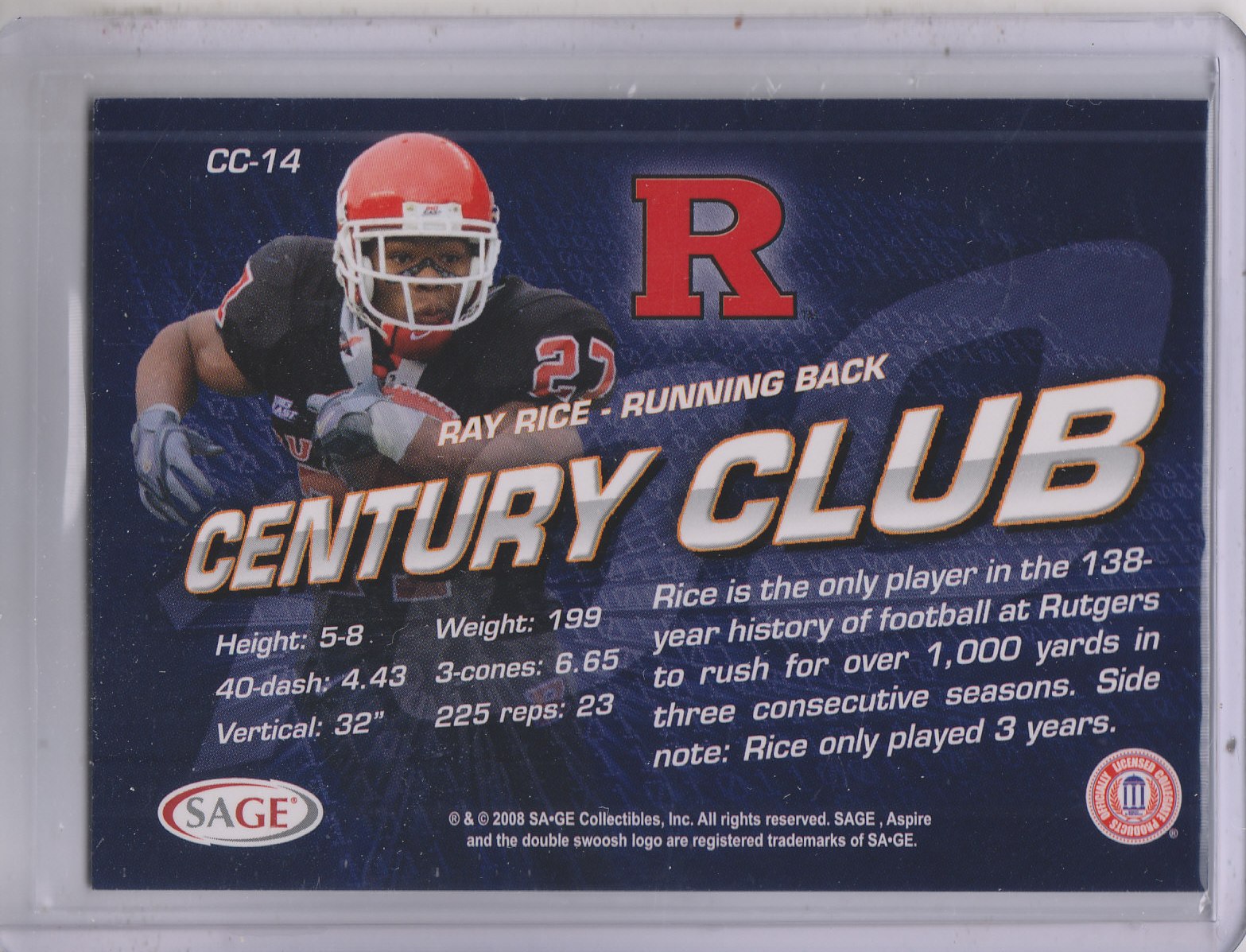 2008 Aspire Century Club #CC14 Ray Rice back image