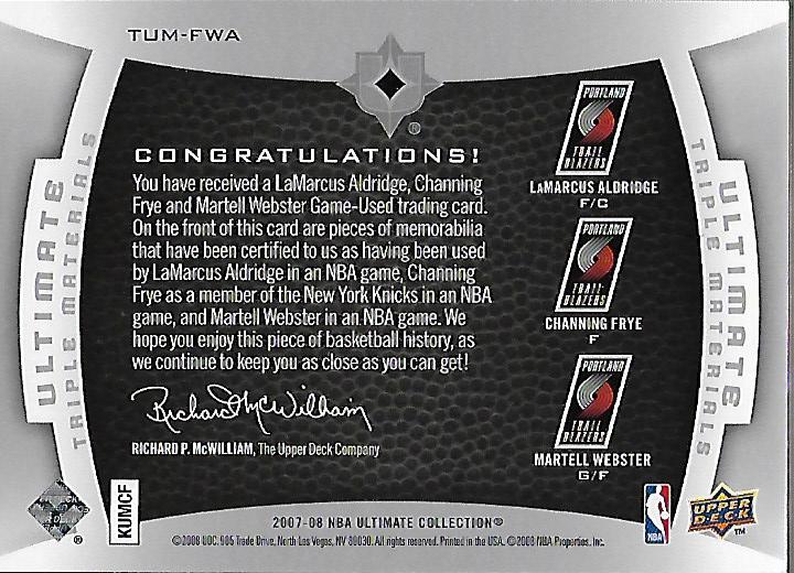 2007-08 Ultimate Collection Materials Triple #TFWA Channing Frye/Martell Webster/LaMarcus Aldridge back image