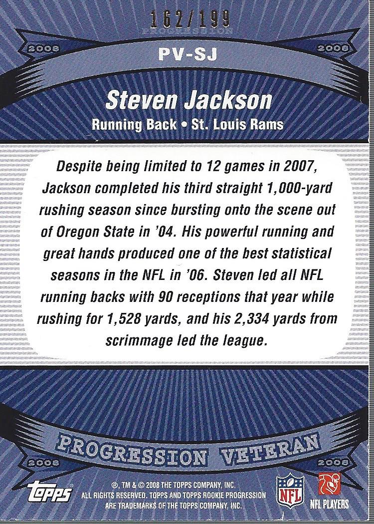 2008 Topps Rookie Progression Veterans Game Worn Jerseys Silver #PVSJ Steven Jackson back image