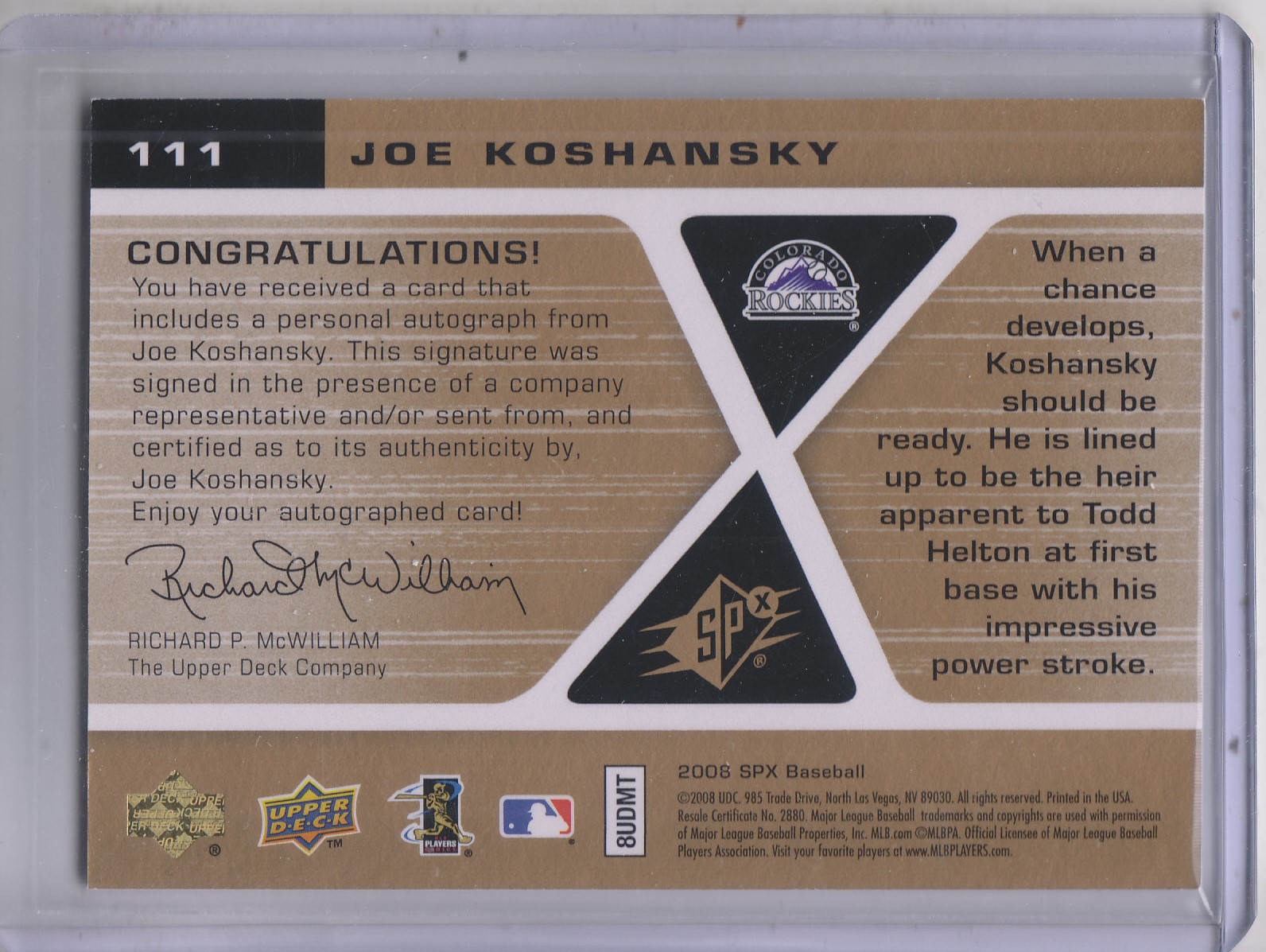 2008 SPx #111 Joe Koshansky AU (RC) back image
