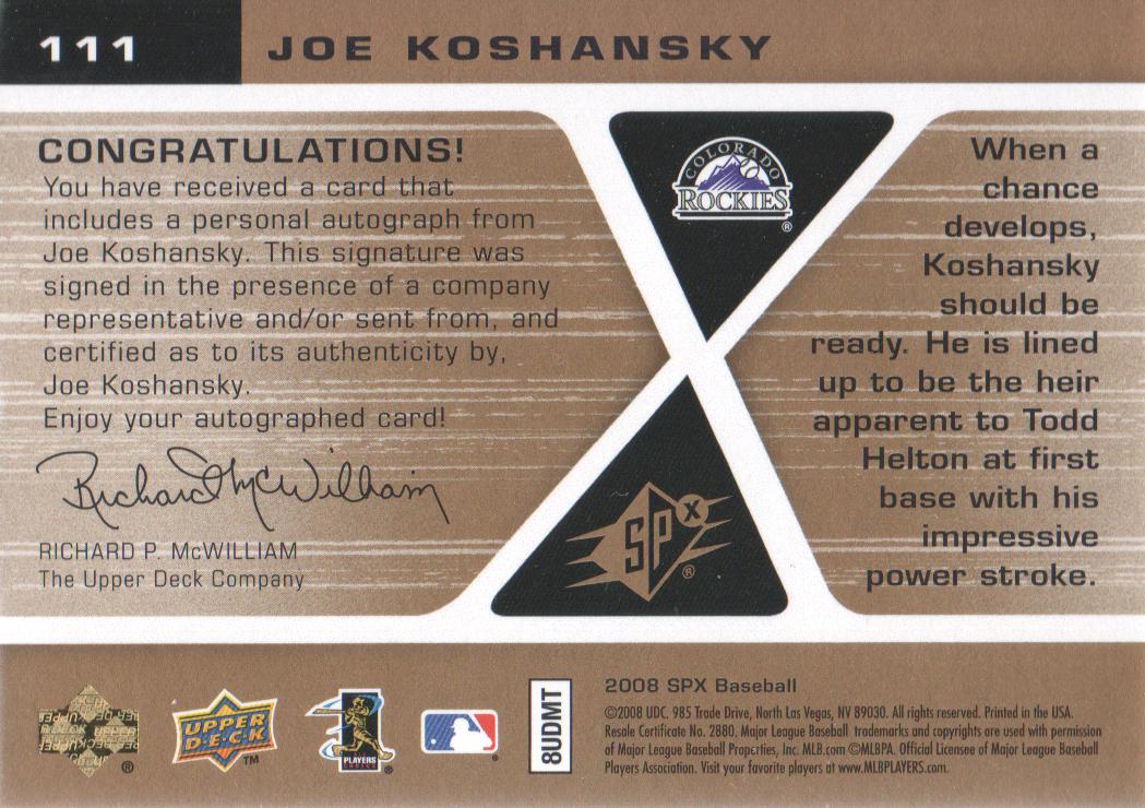 2008 SPx #111 Joe Koshansky AU (RC) back image