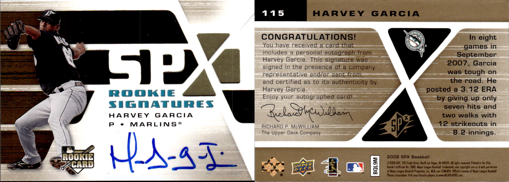 2008 SPx #115 Harvey Garcia AU (RC)