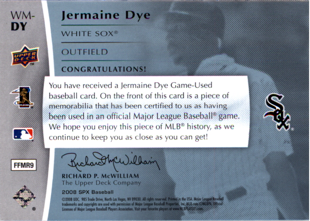 2008 SPx Winning Materials Baseball 99 #DY Jermaine Dye back image