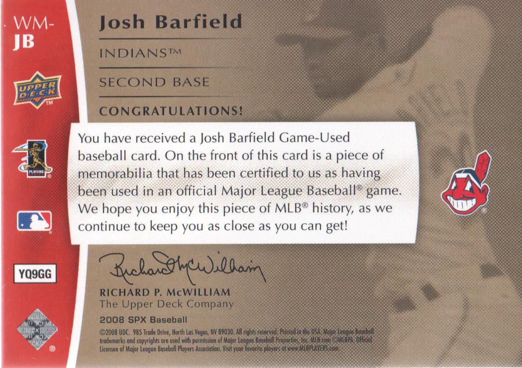 2008 SPx Winning Materials Jersey Number 125 #JB Josh Barfield back image