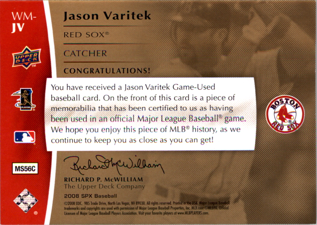 2008 SPx Winning Materials Jersey Number 125 #JV Jason Varitek back image