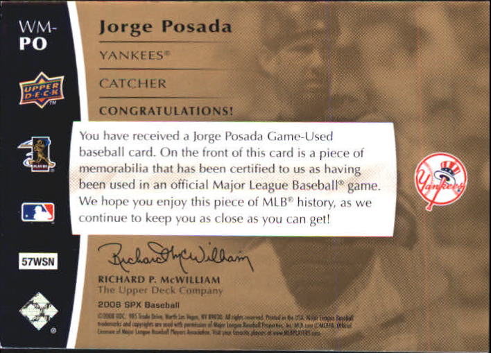 2008 SPx Winning Materials Jersey Number 125 #PO Jorge Posada back image