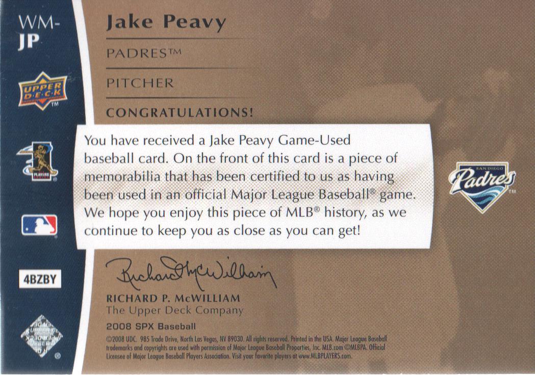 2008 SPx Winning Materials MLB 125 #JP Jake Peavy back image