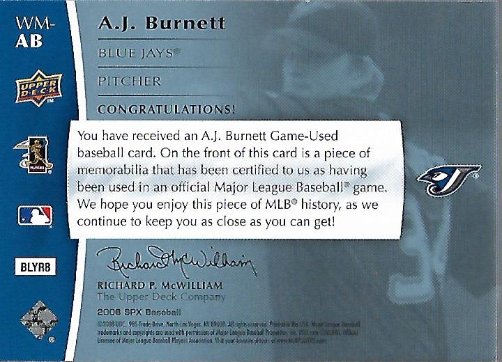 2008 SPx Winning Materials Team Initials 99 #AB A.J. Burnett back image