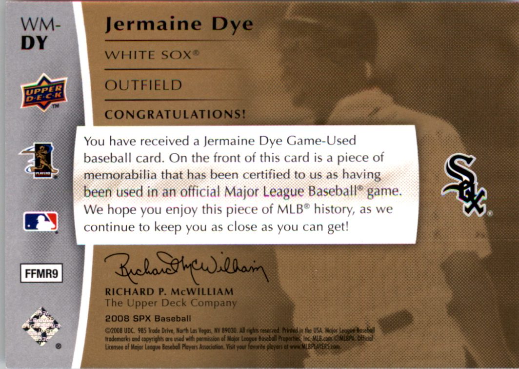 2008 SPx Winning Materials Dual SPx #DY Jermaine Dye back image
