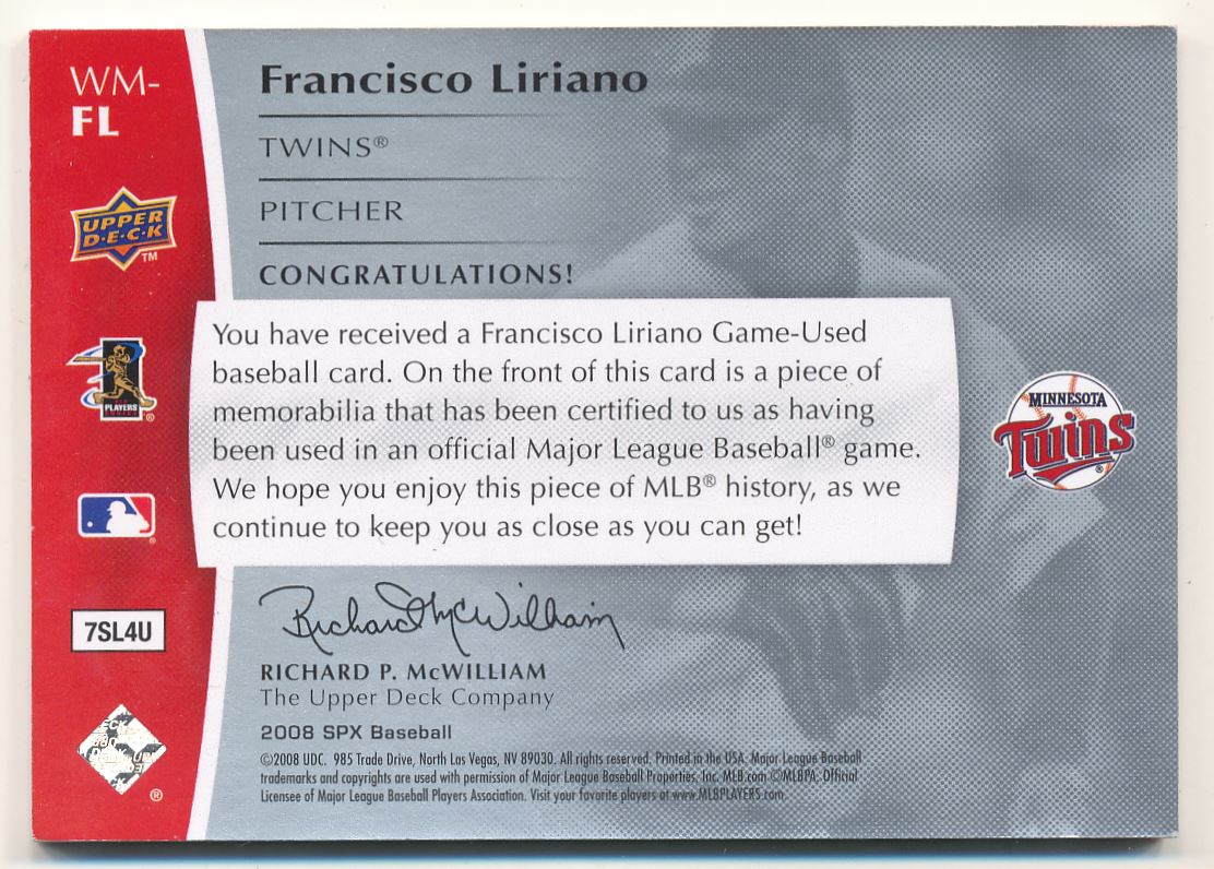 2008 SPx Winning Materials Dual Limited Patch SPx #FL Francisco Liriano back image