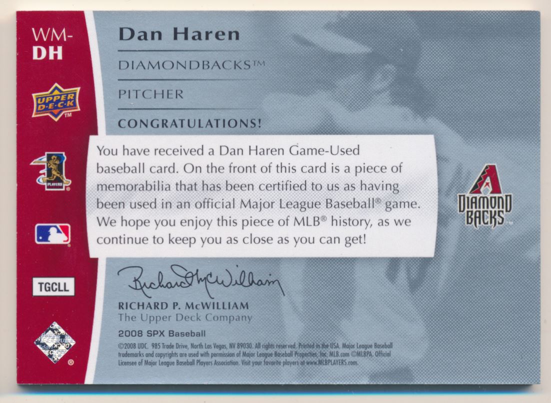 2008 SPx Winning Materials Dual Limited Patch Team Initials #DH Dan Haren back image