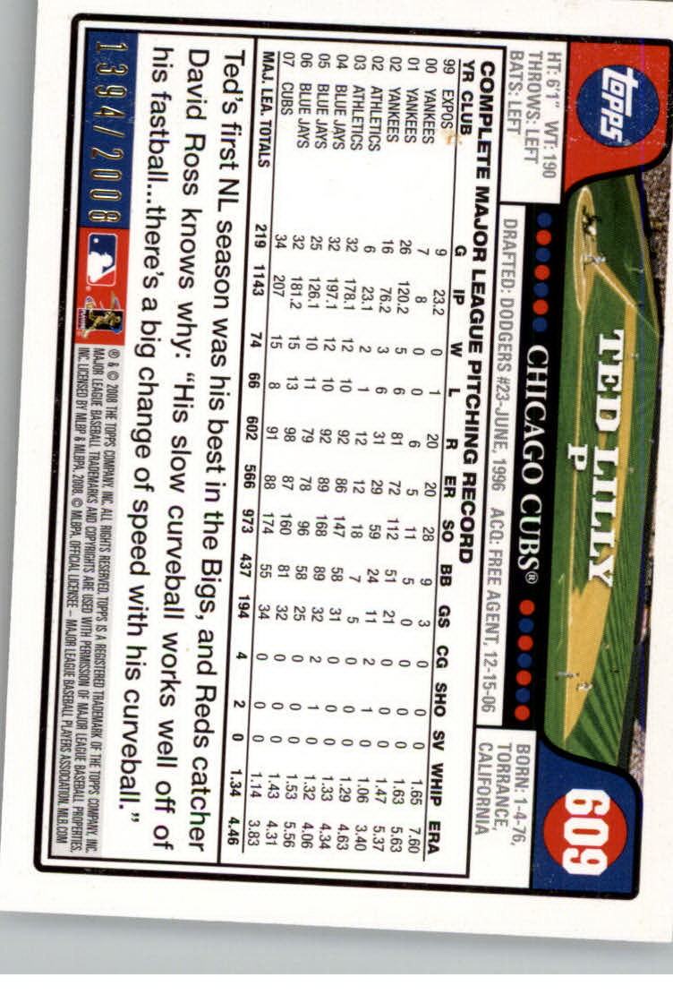 2008 Topps Gold Border #609 Ted Lilly back image