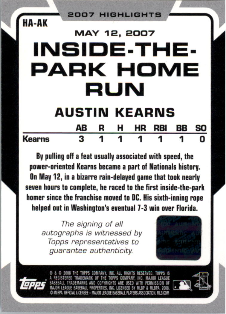 2008 Topps Highlights Autographs #AK Austin Kearns F2 back image