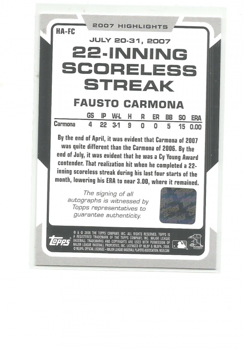 2008 Topps Highlights Autographs #FC Fausto Carmona E2 back image
