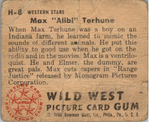 1949 Bowman Wild West #H8 Max Alibi Terhune back image